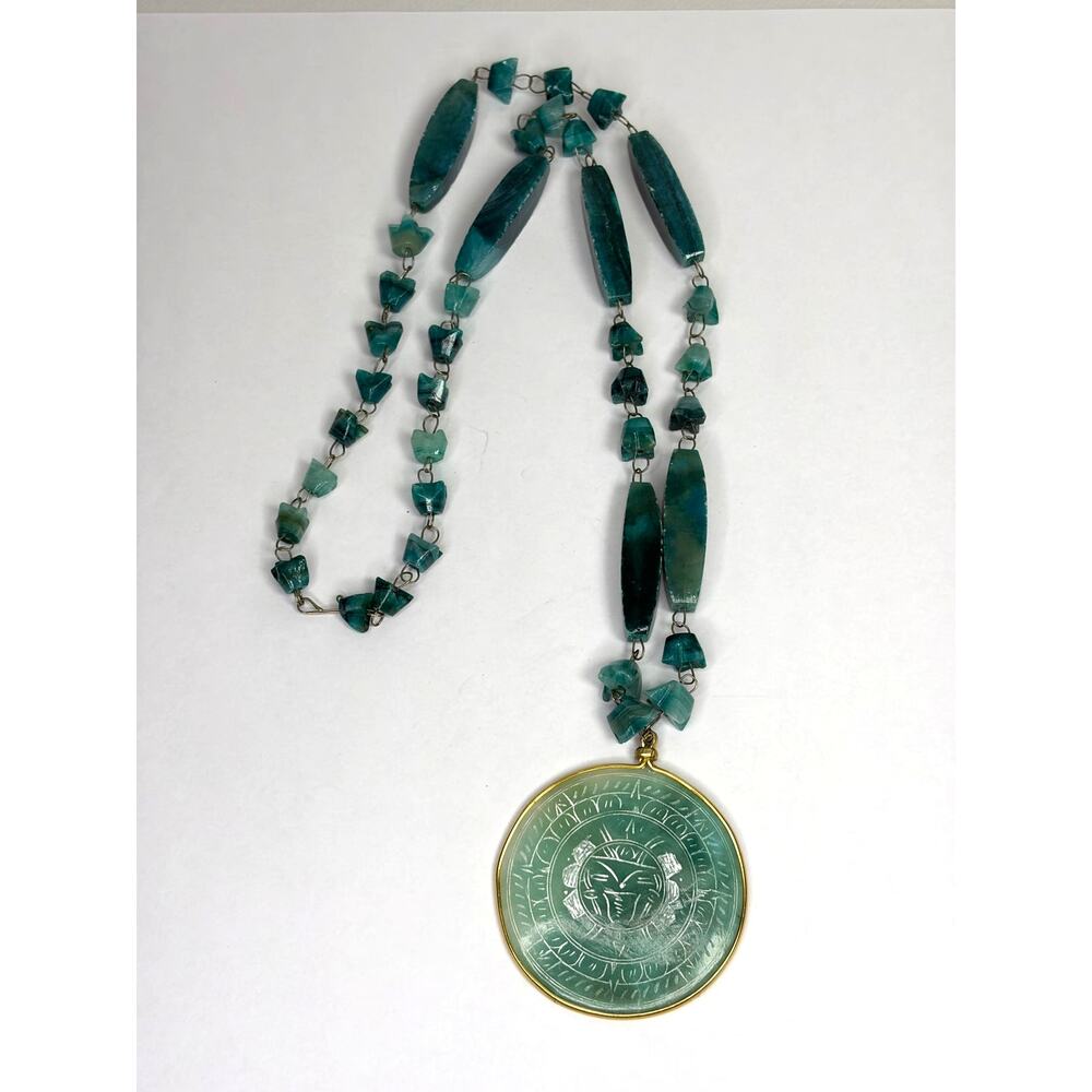 Vintage Mexican Art Green Jadeite Necklace Aztec Sun God Carved Pendant Silver